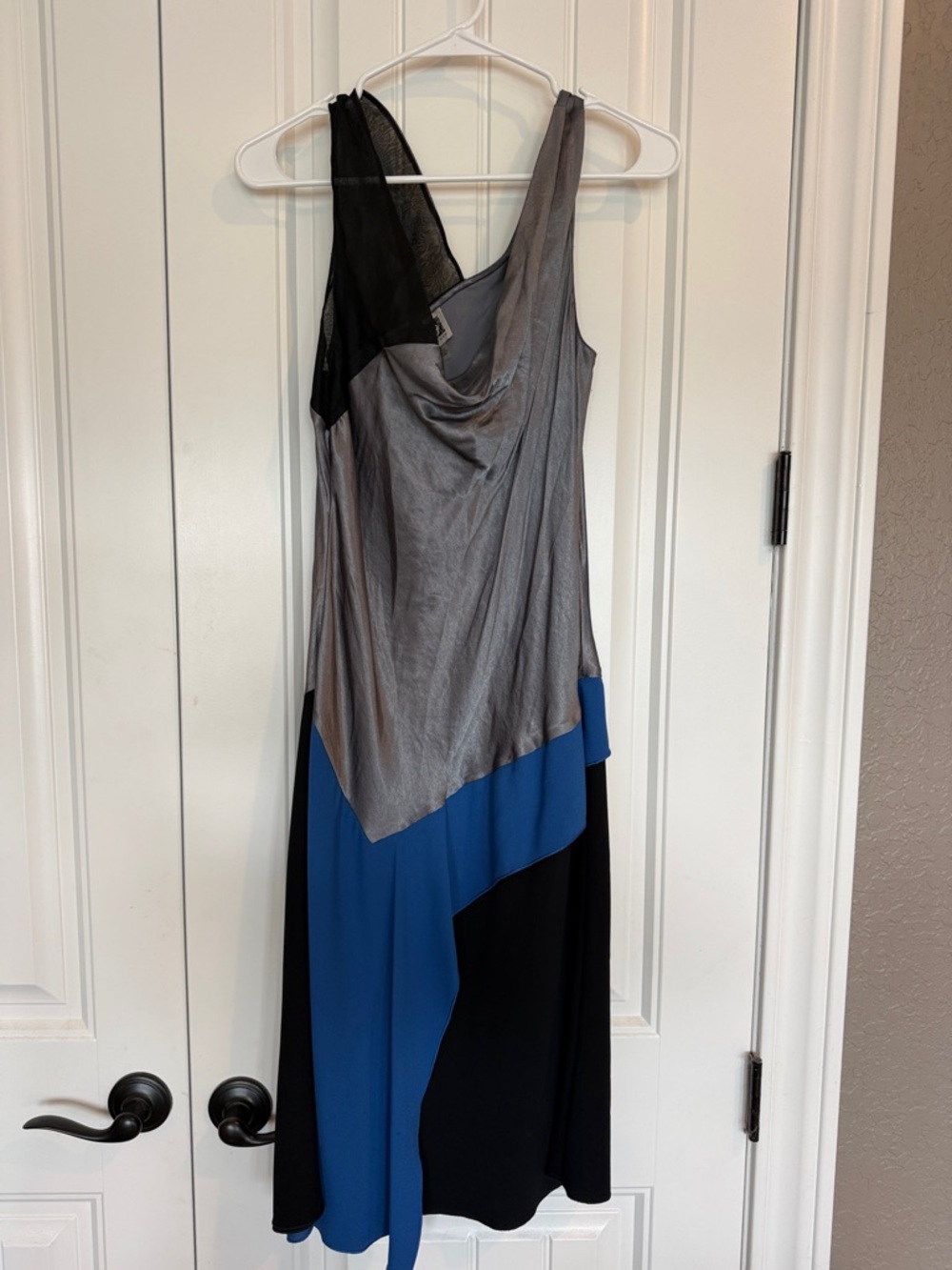 Anne Klein Gray, Blue & Black Asymmetrical Midi Dress